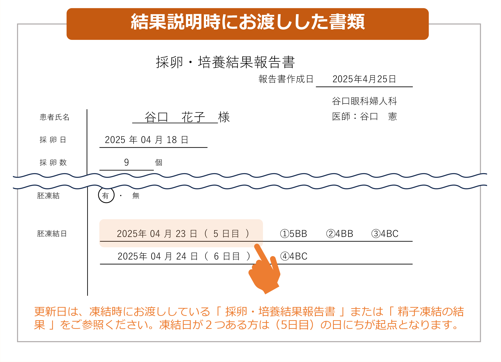 結果説明時にお渡しした書類　更新日は、凍結時にお渡ししている「 採卵・培養結果報告書 」または「 精子凍結の結果 」をご参照ください。凍結日が２つある方は（5日目）の日にちが起点となります。